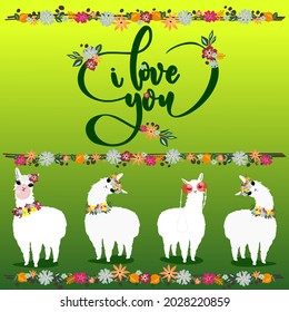 A greeting card with a stylized inscription "I love you". White animals (llamas) with glasses, wreaths and beads. Colorful flowers, leaves and branches on a green background.
