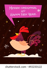 Greeting card with stylized rooster and snow. Vector illustration of rooster, symbol of 2017 on the Chinese calendar. Element for New Year's design. Cartoon character.