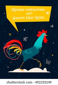 Greeting card with stylized rooster and snow. Vector illustration of rooster, symbol of 2017 on the Chinese calendar. Element for New Year's design. Cartoon character.