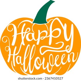 Greeting card with stylized typography Happy Halloween carved on pumpkin drawing in flat style
