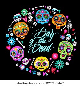 Greeting card with sugar skulls for Mexican autumn traditional holiday Day of the Dead