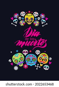 Greeting card with sugar skulls for Mexican autumn traditional  holiday . Spanish lettering means Day of the Dead