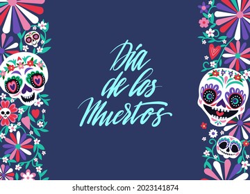 Greeting card with sugar skulls for Mexican autumn traditional  holiday . Spanish lettering means Day of the Dead