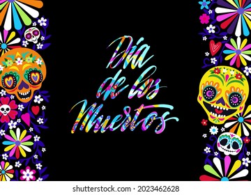 Greeting card with sugar skulls for Mexican autumn traditional  holiday . Spanish lettering means Day of the Dead