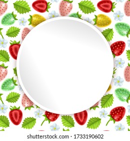 Greeting card, summer card decorated with a pattern with the image of strawberries, card with a round frame and a place for text, vector eps 10 format