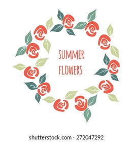 Greeting card with summer flowers roses and leaves