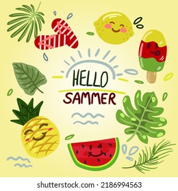 Greeting card Summer, hello! Beach, watermelon, lemon, pineapple, hat, flip-flops. Beach set for vacation. Flat and hand-drawn design by hand. Greeting and invitation cards. 