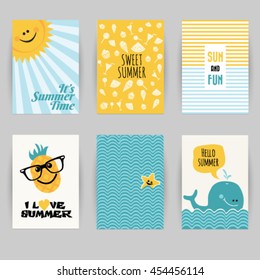 Greeting card, summer, invitation card and banners. Pineapple, sun, beach, whale, sea. Vector illustration easy editable for design.