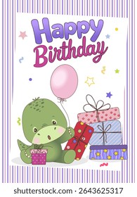 Greeting card with surprised dinosaur and gifts.