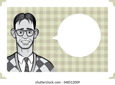 Greeting card with surprised geek man - place your custom text