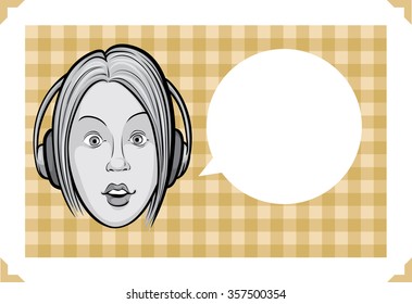 Greeting card with surprised girl in headphones