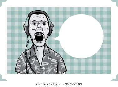 Greeting card with surprised music fan in headphones