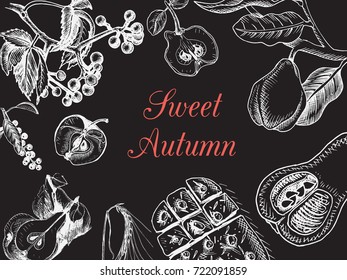 Greeting card with sweet autumn. Vector illustration on the theme of autumn vegetables, fruits. Organic farm shop.