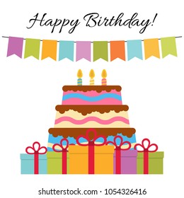 Greeting Card with Sweet Cake for Birthday Celebration. Vector illustration
