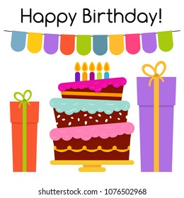 Greeting Card with Sweet Cake for Birthday Celebration. Vector illustration
