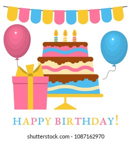 Greeting Card with Sweet Cake for Birthday Celebration. Vector illustration
