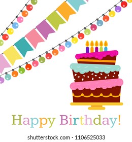 Greeting Card with Sweet Cake for Birthday Celebration. Vector illustration
