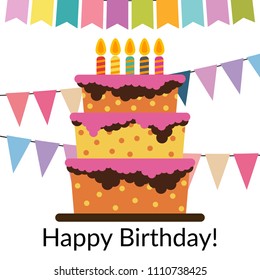 Greeting Card with Sweet Cake for Birthday Celebration. Vector illustration
