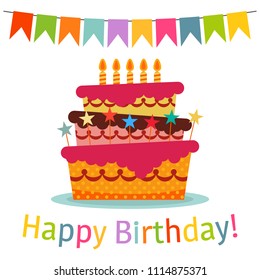 Greeting Card with Sweet Cake for Birthday Celebration. Vector illustration
