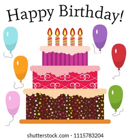 Greeting Card with Sweet Cake for Birthday Celebration. Vector illustration
