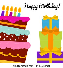 Greeting Card with Sweet Cake for Birthday Celebration. Vector illustration
