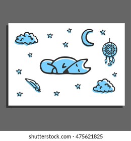 Greeting card with Sweet doodle sleeping fox, moon, stars and dreamcatcher. Vector postcard layout. 