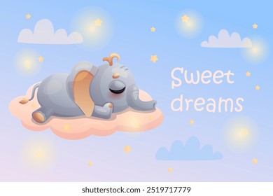 Grußkarte Sweet Dreams mit Cartoon schlafenden Elefanten auf rosa Wolke. Vektorgrafik.