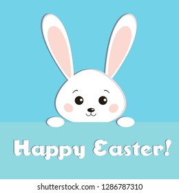 Greeting card with sweet white Easter looks out rabbit on blue background. Funny bunny in cartoon flat style. Easter Bunny. Happy easter backgrounf with cute rabbit. Children vector illustration.