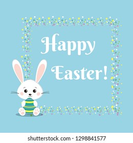 Greeting card with sweet white easter bunny rabbit with color easter egg and dot frame on blue background in cartoon flat style. Happy easter background with cute rabbit. Children vector illustration.