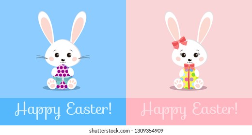 Greeting card with sweet white easter rabbits boy and girl holding gift egg. Funny bunny in cartoon flat style. Easter Bunny. Happy easter background with cute rabbit. Children vector illustration.