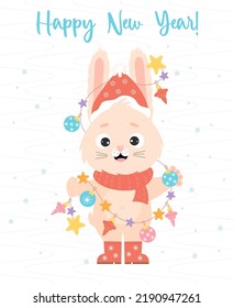 Greeting card with symbol of 2023 year cute bunny character with garland and santa hat. Happy New Year. 2023 Year of the Rabbit to eastern horoscope. Vector illustration.