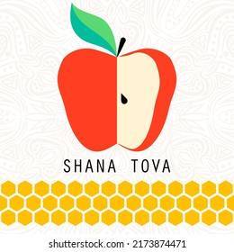 Greeting card with symbol of Rosh Hashanah apple and honey. Jewish new year celebration design. Happy Shana Tova. Happy New Year in Israel