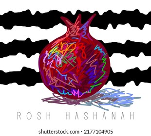 Greeting card with symbol of Rosh Hashanah (pomegranate). Jewish new year celebration design. Happy Shana Tova. Happy New Year in Israel