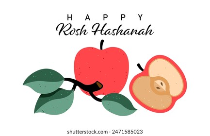 Greeting card with symbol of Rosh Hashanah (red apple). Jewish new year celebration design. Happy Shana Tova. Happy New Year in Israel