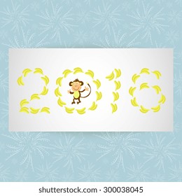 Greeting card with a symbol of the year. Small monkey with bananas