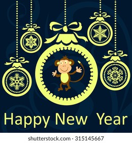 Greeting card with a symbol of the year. Small monkey with bananas