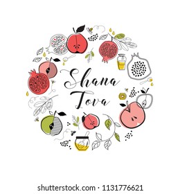 greeting card with symbols of Jewish holiday Rosh Hashana , New Year. blessing of Happy new year, shana tova. vector illustration template