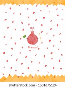 Greeting card with symbols of Jewish holiday Rosh Hashana. Pomegranate character smiling.  Blessing of Happy new year, shana tova, vector illustration template in doodle cartoon style