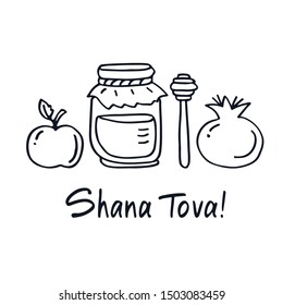 Greeting card with symbols of Jewish holiday Rosh Hashanah, New Year. Shana tova vector illustration. Doodle style.