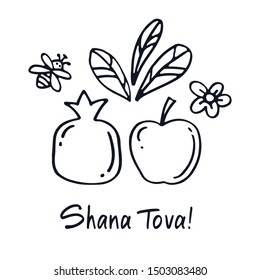 Greeting card with symbols of Jewish holiday Rosh Hashanah, New Year. Shana tova vector illustration. Doodle style.