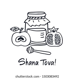 Greeting card with symbols of Jewish holiday Rosh Hashanah, New Year. Shana tova vector illustration. Doodle style.