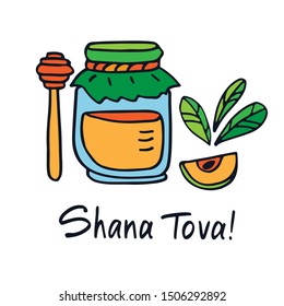 Greeting card with symbols of Jewish holiday Rosh Hashanah, New Year. Shana tova vector illustration. Doodle style.