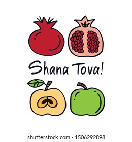 Greeting card with symbols of Jewish holiday Rosh Hashanah, New Year. Shana tova vector illustration. Doodle style.