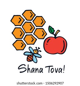 Greeting card with symbols of Jewish holiday Rosh Hashanah, New Year. Shana tova vector illustration. Doodle style.