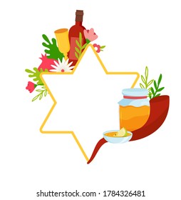 Greeting card with symbols of Jewish holiday Rosh Hashana, New Year. Shana Tova - Blessing of Happy new year. david star with rosh hashana symbols. Vector illustration design