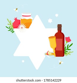 Greeting card with symbols of Jewish holiday Rosh Hashana, New Year. Shana Tova - Blessing of Happy new year. david star with rosh hashana symbols. Vector illustration design