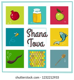 Greeting Card with symbols of Rosh Hashana Jewish New year holiday. Pomegranate, apple, honey jar, fish, bee, honey dipper, horn, honeycomb vector illustration.