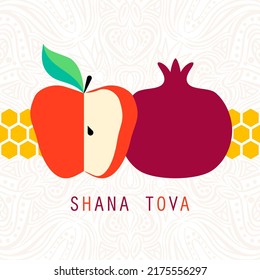 Greeting card with symbols of Rosh Hashanah (pomegranate and apple, honey). Jewish new year celebration design. Happy Shana Tova. Happy New Year in Israel