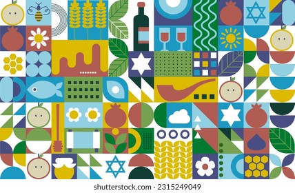 Greeting card with symbols of Rosh Hashanah: apple, fig, pomegranate, wine bottle, honey comb, flowers, fish, star. Jewish new year celebration design. Happy New Year in Israel