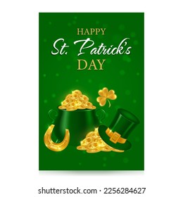 Greeting card with symbols of St. Patrick's Day. Gold coins, wealth, Leprechaun hat, golden shamrocks horseshoe. Vector illustration.